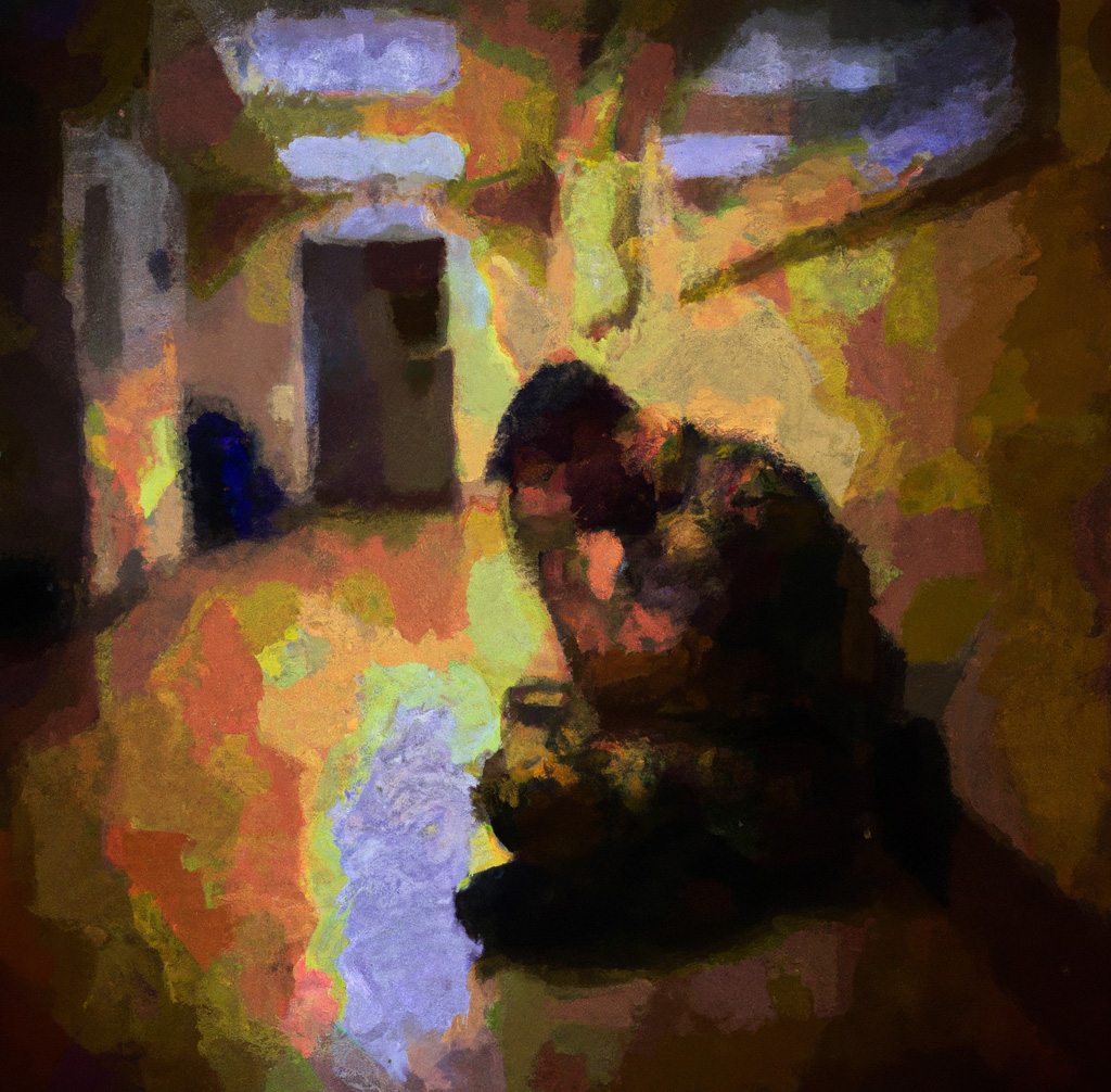 Impressionist painting of a male US Soldier sitting in a hallway, distressed. Generated by Dall*E