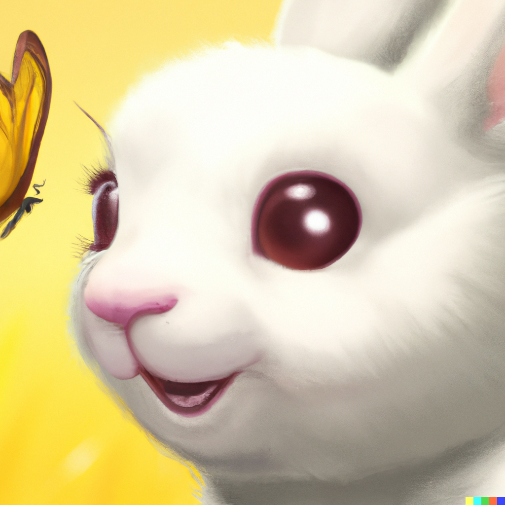 Illustration of a white bunny and yellow butterfly nose-to-nose with a yellow background.