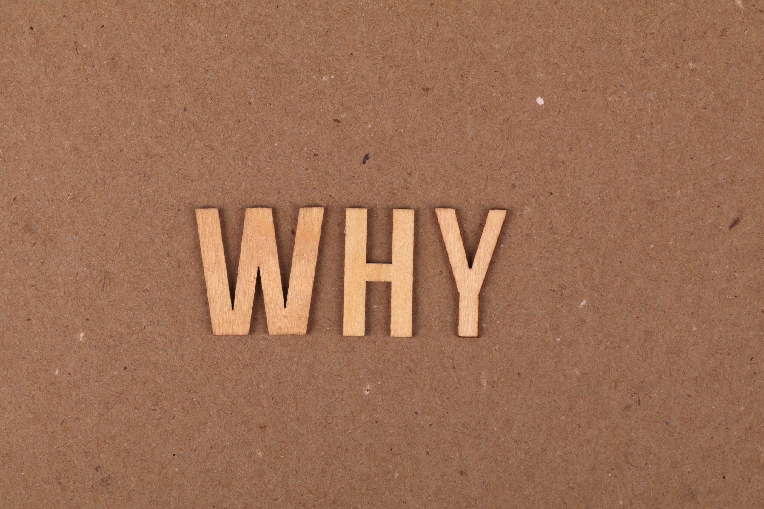 "WHY" spelled in wooden letters on brown background