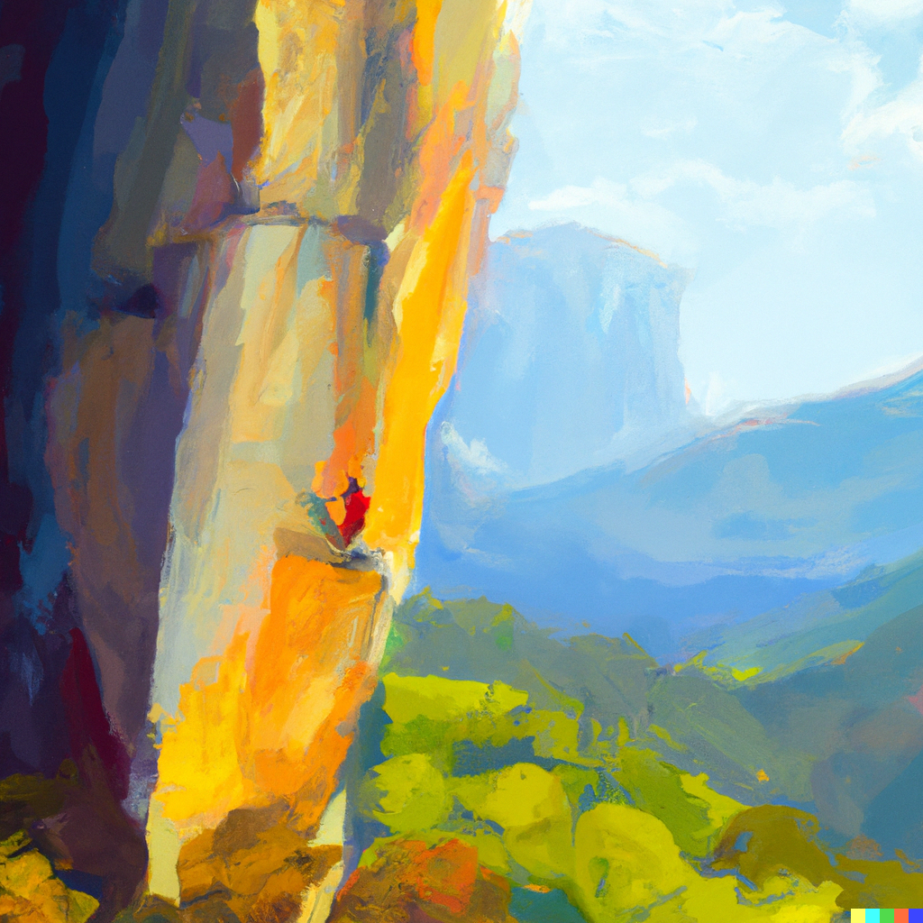 Impressionist painting of a rock climber on el capitan, as seen from a distance. Generated by Dall*E