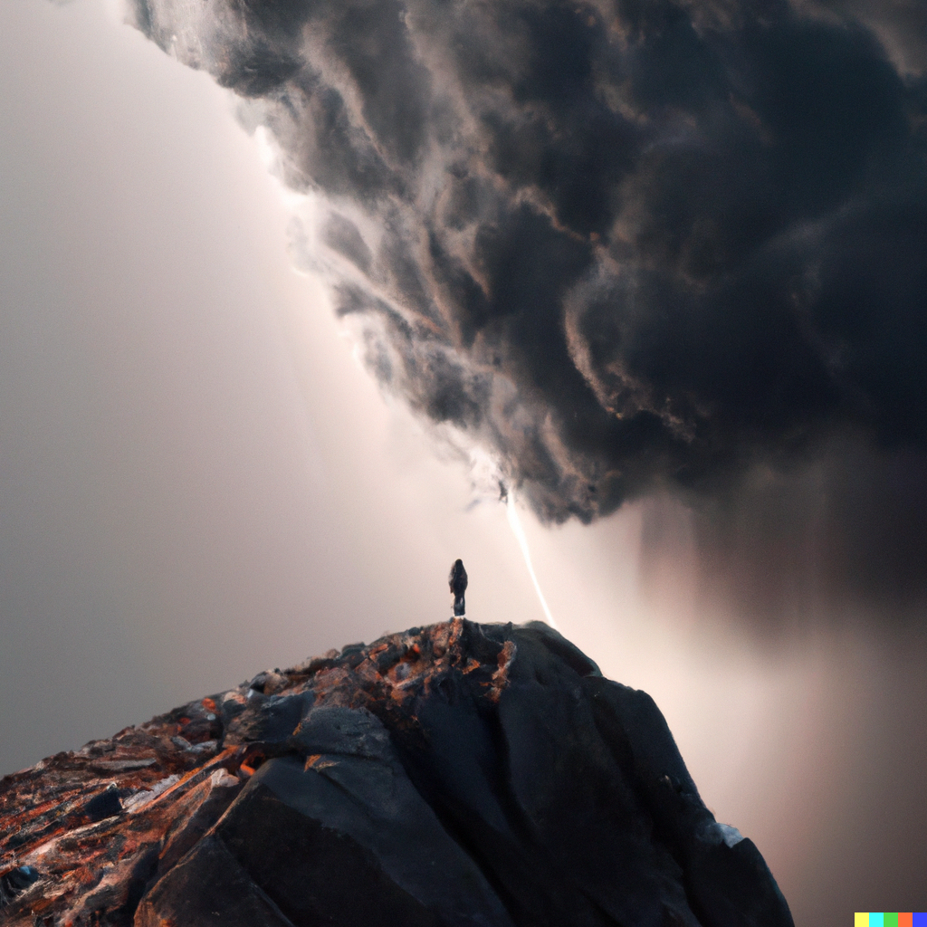 A person standing alone on a mountaintop with a dark storm cloud looming behind them